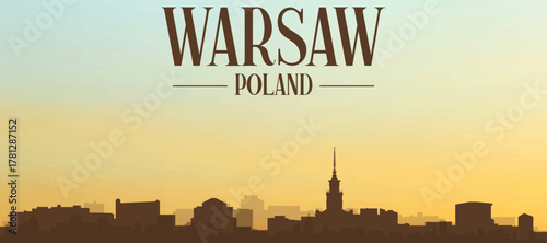 Panoramic poster of the city skyline with misty background buildings, hills sunrise, sunset and clouds of WARSAW, POLAND