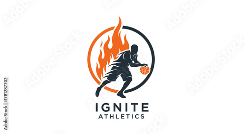 A dynamic logo featuring a basketball player silhouette dribbling a ball with an orange flame background inside a black circle, for Ignite Athletics.