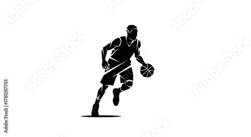Silhouette of a basketball player dribbling the ball, showcasing athleticism and movement.