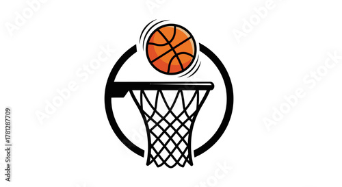 A basketball is about to go into a hoop, depicted in a cartoonish style.