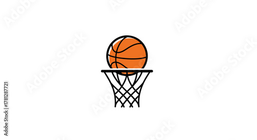 A simple illustration of an orange basketball perfectly balanced on a black basketball hoop with a net, set against a clean white background.