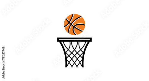 An orange basketball is perfectly centered above a hoop and net, about to score a point on a white background.