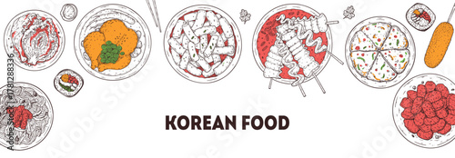 Korean food vector drawing frame. Hand drawn top view Korean food dishes vector sketch illustration. Japchae, kimchi, samgyetang, tteokbokki, odeng, pajeon, corn dog, bulgogi, kimbap