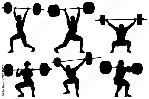 Weightlifting. Men and women lifting barbells. Athlete silhouette set. Vector illustration.