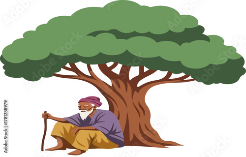 WebElderly man resting under a large tree providing shade on a sunny day outdoors