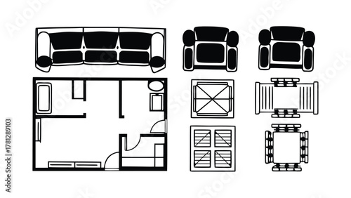 CAD Furniture Symbols in Top View, Chairs, Sofa, and Armchairs Outline Icons for Interior Design, Architecture, and Floor Plan Drawings