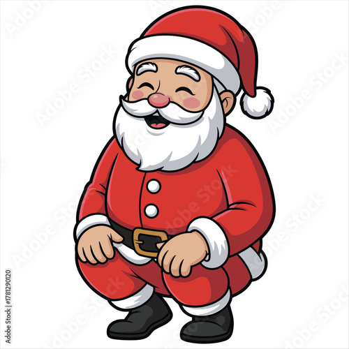 Smiling santa claus cartoon character in a squatting position