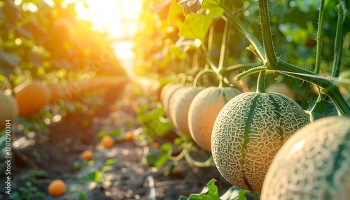 Fototapeta Naklejka Na Ścianę i Meble -  Close-up of ripe, textured fruits hanging from vines, bathed in bright sunlight within a greenhouse, showcasing agriculture