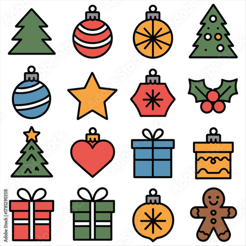 Christmas holiday season decorative elements vector flat icons