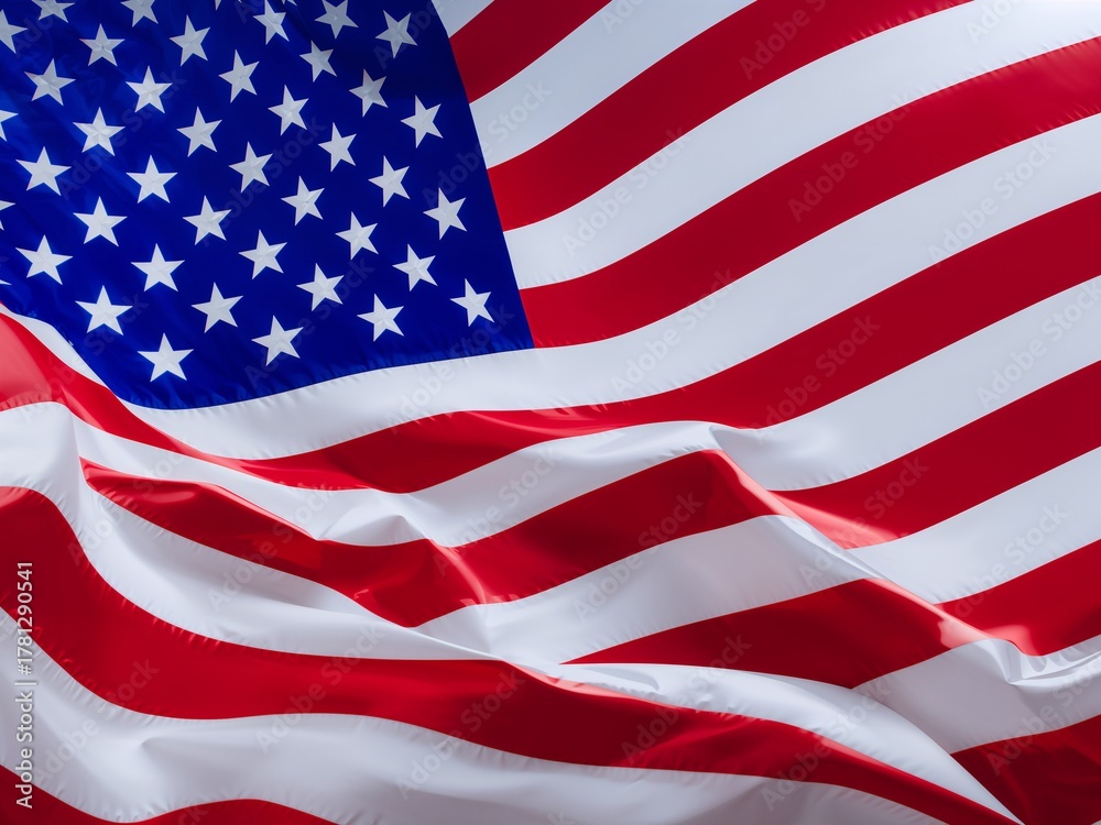 Obraz premium Patriotic American flag waving proudly in the wind, a vibrant symbol of freedom and national pride for your designs and projects
