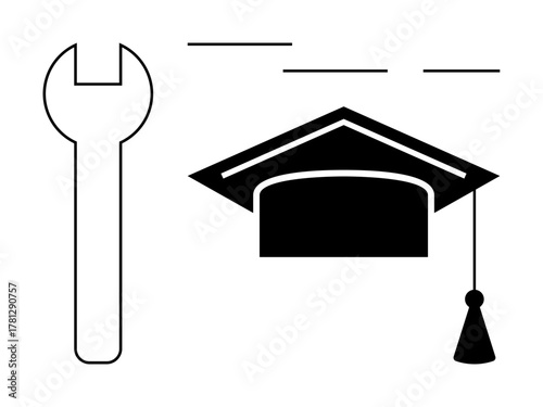 Graduation cap paired with a wrench emphasizes the link between education and practical skills. Ideal for vocational training, career growth, lifelong learning, innovation, workforce development