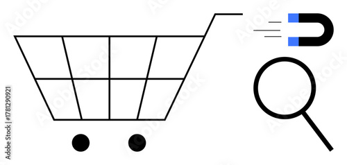 Shopping cart alongside magnet and magnifying glass illustrating customer attraction, online search, and e-commerce strategies. Ideal for online shopping, SEO, digital marketing, sales growth