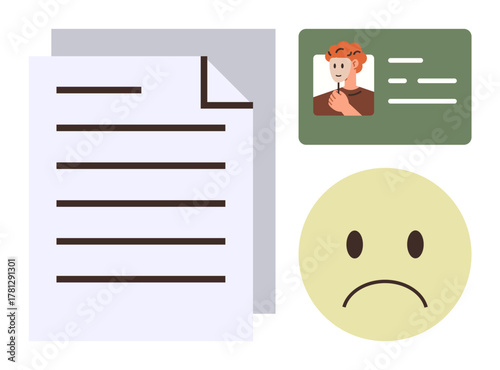 Documents with written lines, ID card with profile, and sad face expressing rejection or failure. Ideal for application rejection, denied access, bureaucracy, disappointment, feedback, job loss