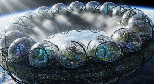 Fototapeta Naklejka Na Ścianę i Meble -  Futuristic Orbital Space Station with Spherical Modules Circling Earth.