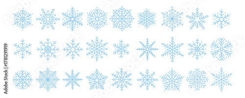 Cute minimalistic snowflakes collection. Festive winter holiday decorations for Christmas and New Year. Flat vector illustration on white background