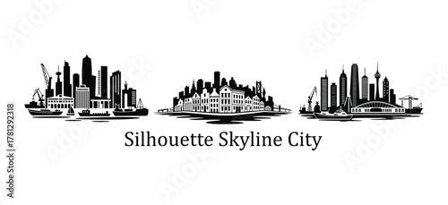Set of skyline urban architectural silhouettes with boats and cranes cityscape architecture.