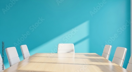 Zoom meeting background of an empty conference room with chairs against a blue wall