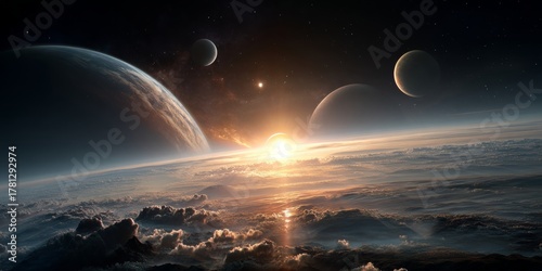 Celestial Dawn: Capturing a breathtaking view of planets in an immersive sunrise scene, evoking wonder and mystery with the glow of the sun and celestial bodies.