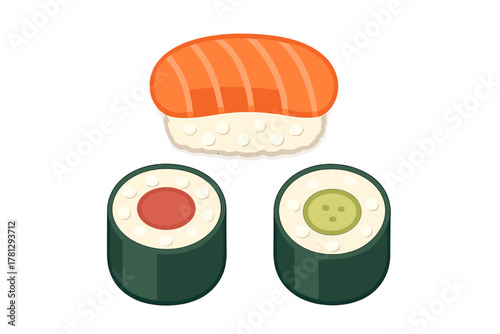 Traditional Japanese nigiri sushi with salmon and maki rolls featuring tuna and cucumber