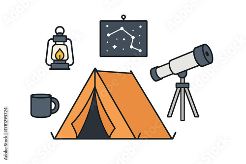 Outdoor camping and astronomy gear set with tent, telescope, and constellation chart