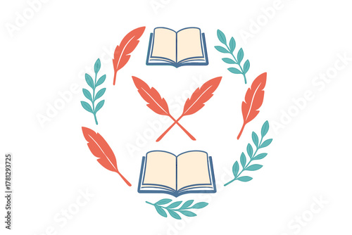 Open books and crossed quill pens in circular leafy wreath