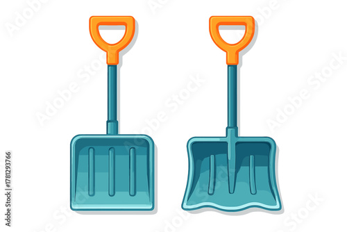 Two blue plastic snow shovels with bright orange handles isolated on a white background