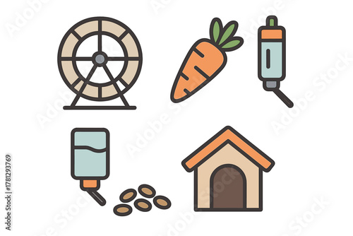 Essential accessories and food items for small domestic pets like hamsters and rabbits