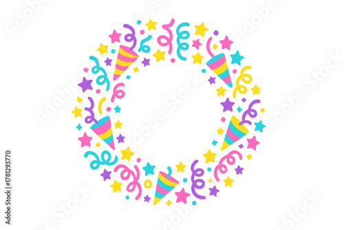 Bright festive circular frame border with stars confetti and party poppers