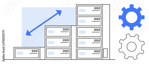 Server racks depict scalability and technological growth with rising arrow and gears. Ideal for cloud computing, data management, IT infrastructure, software, optimization, innovation, and simple