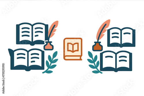 Literature and education symbols collection featuring open books, quill pens, and laurel branches