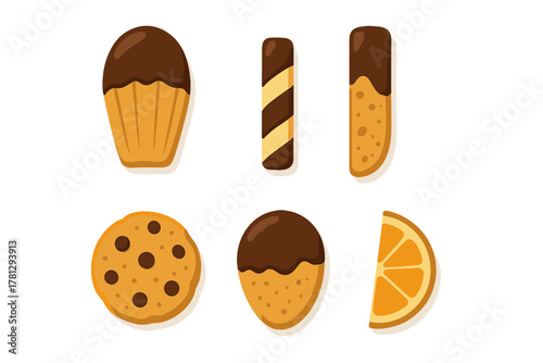 Assortment of chocolate dipped cookies, wafer rolls, and orange slice dessert treats