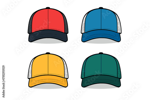 Four blank mesh back trucker hats in red blue yellow and teal colors for apparel design mockup