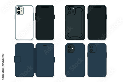 Collection of modern mobile phone mockups displaying different protective cases and covers