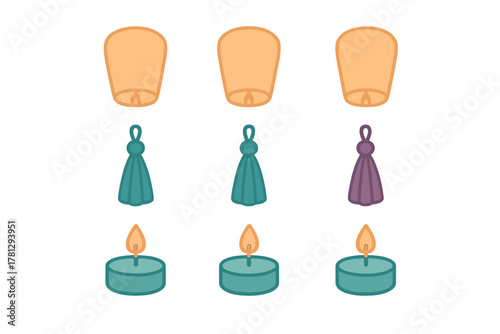 Chinese sky lanterns, ornamental tassels, and small tealight candles icon set