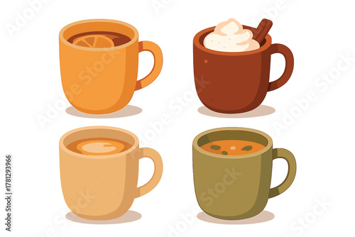 Collection of four cozy autumn and winter hot beverages in colorful ceramic mugs