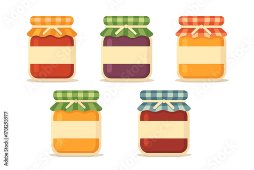 Set of five colorful jam jars with checkered fabric lids and blank labels