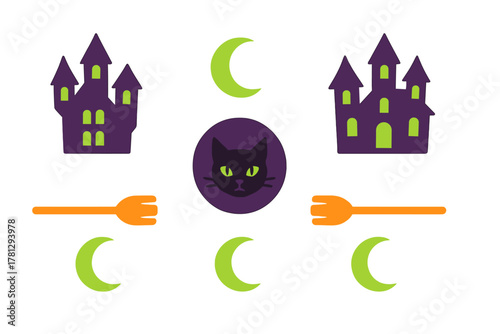 Spooky Halloween icons set featuring haunted castles black cat moons and brooms