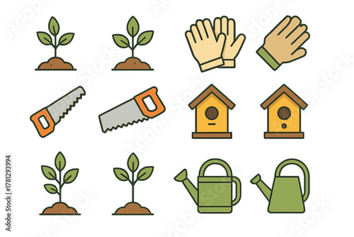 Set of essential gardening tools and nature icons including sprouts, gloves, handsaw, and watering can