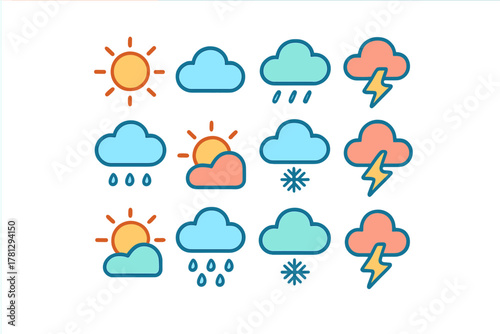 Colorful set of weather symbols representing sun, rain, snow, clouds, and stormy conditions