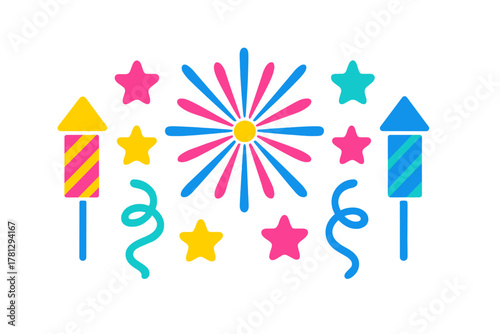 Colorful festive elements featuring rockets, exploding fireworks, stars, and curling party streamers