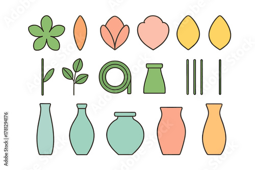 Colorful flat design botanical shapes and simple ceramic pottery vessels collection