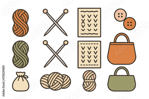 Crafting and knitting accessories set featuring yarn balls, needles, buttons, and finished bags