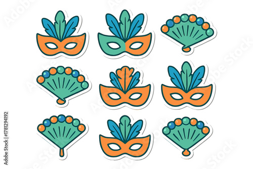 Seamless pattern of colorful carnival masks and decorative hand fans