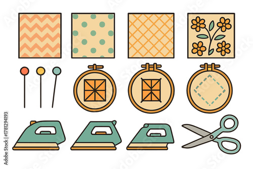 Essential crafting and needlework tools collection with irons, scissors, pins, hoops, and textile patterns