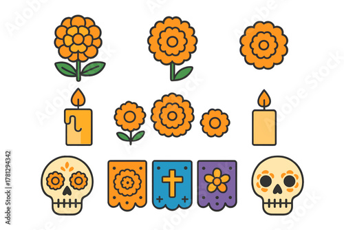 Traditional Mexican Day of the Dead elements including marigold flowers, sugar skulls, candles, and papel picado