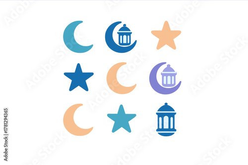 Set of Islamic religious symbols featuring crescent moons, stars, and traditional Arabic lanterns