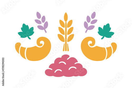 Stylized arrangement of colorful harvest symbols including cornucopias, wheat, and autumn leaves