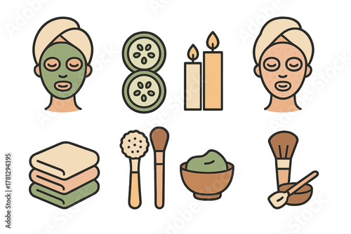Skincare and spa treatment icons with facial masks, cosmetic brushes, cucumber slices, and burning candles