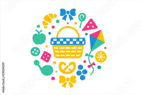 Colorful picnic basket and food items arranged in a circular summer composition