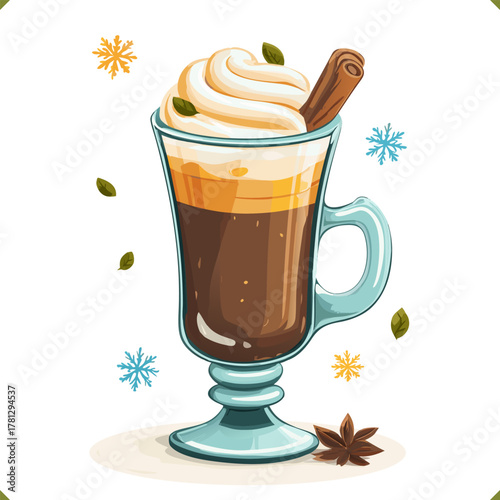 Vector illustration of a tall glass of Irish coffee with whipped cream, cinnamon stick and star anise, isolated on a white background. Vector illustration of winter beverage on white background